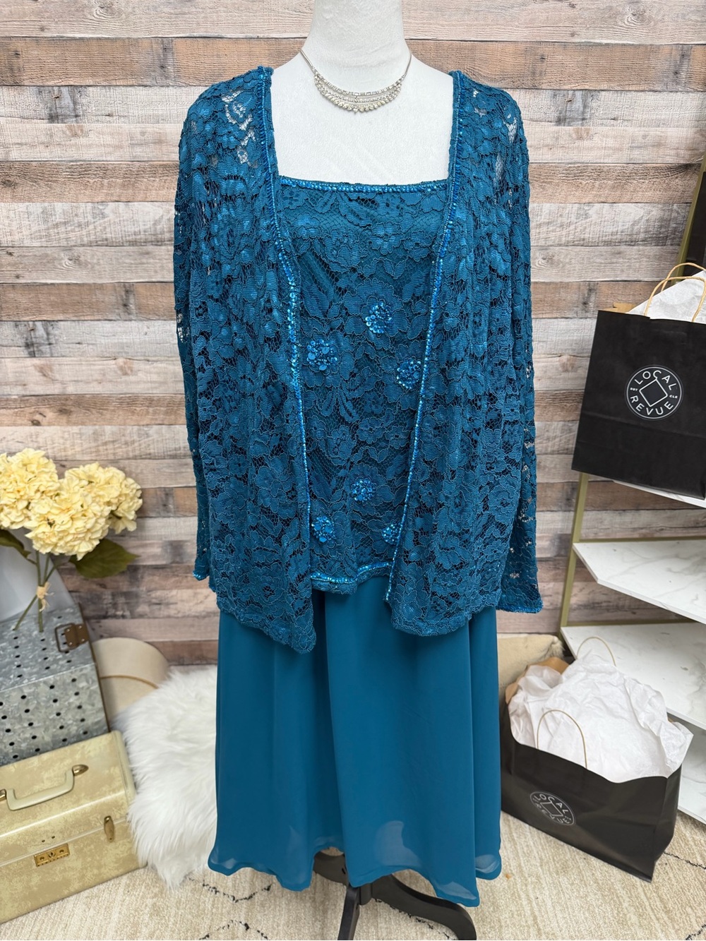 Roaman's Teal Blue & Lace & Chiffon Formal Gown